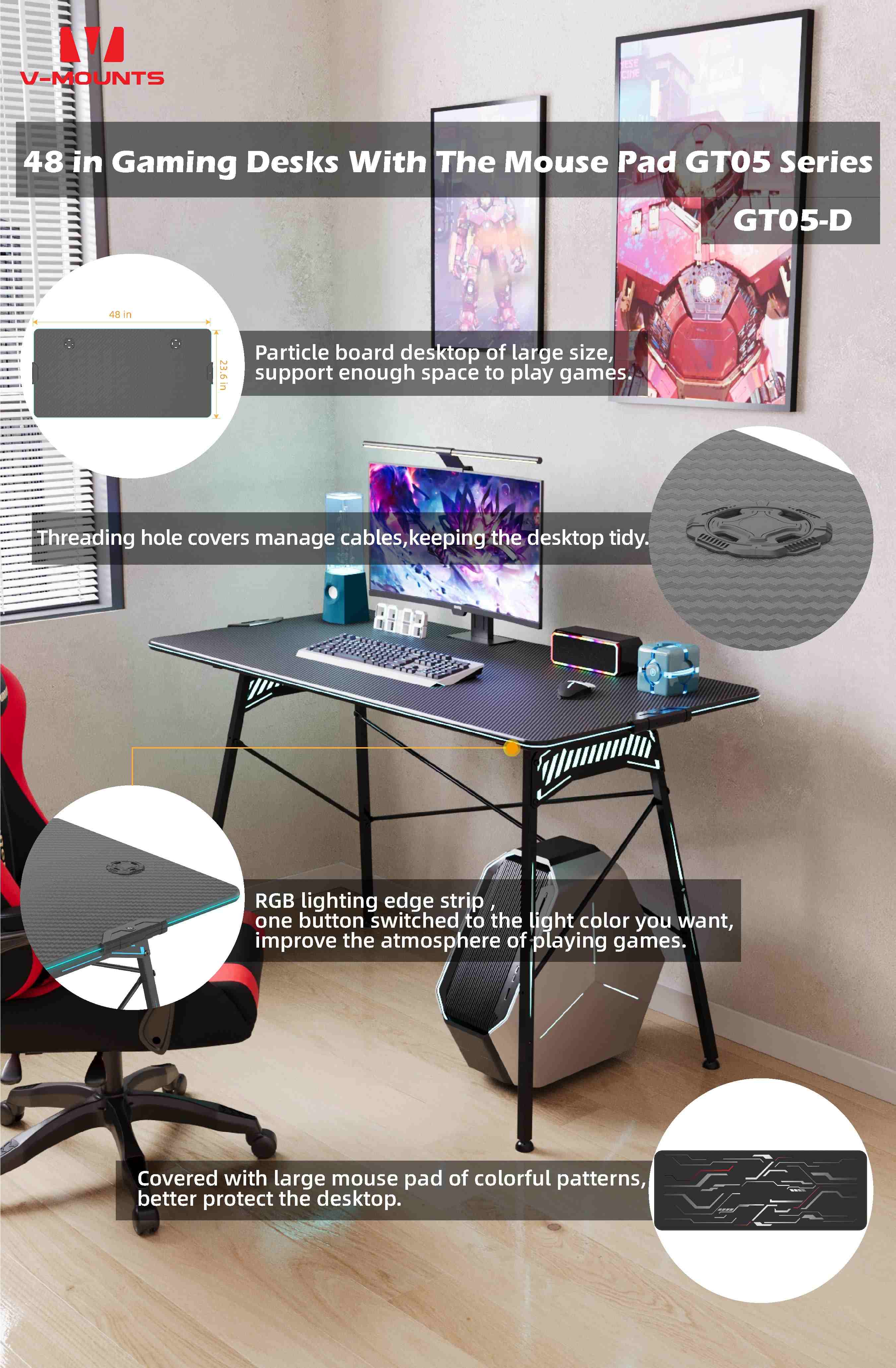 V-MOUNTS Fixed Height Gaming Desks GT05 series