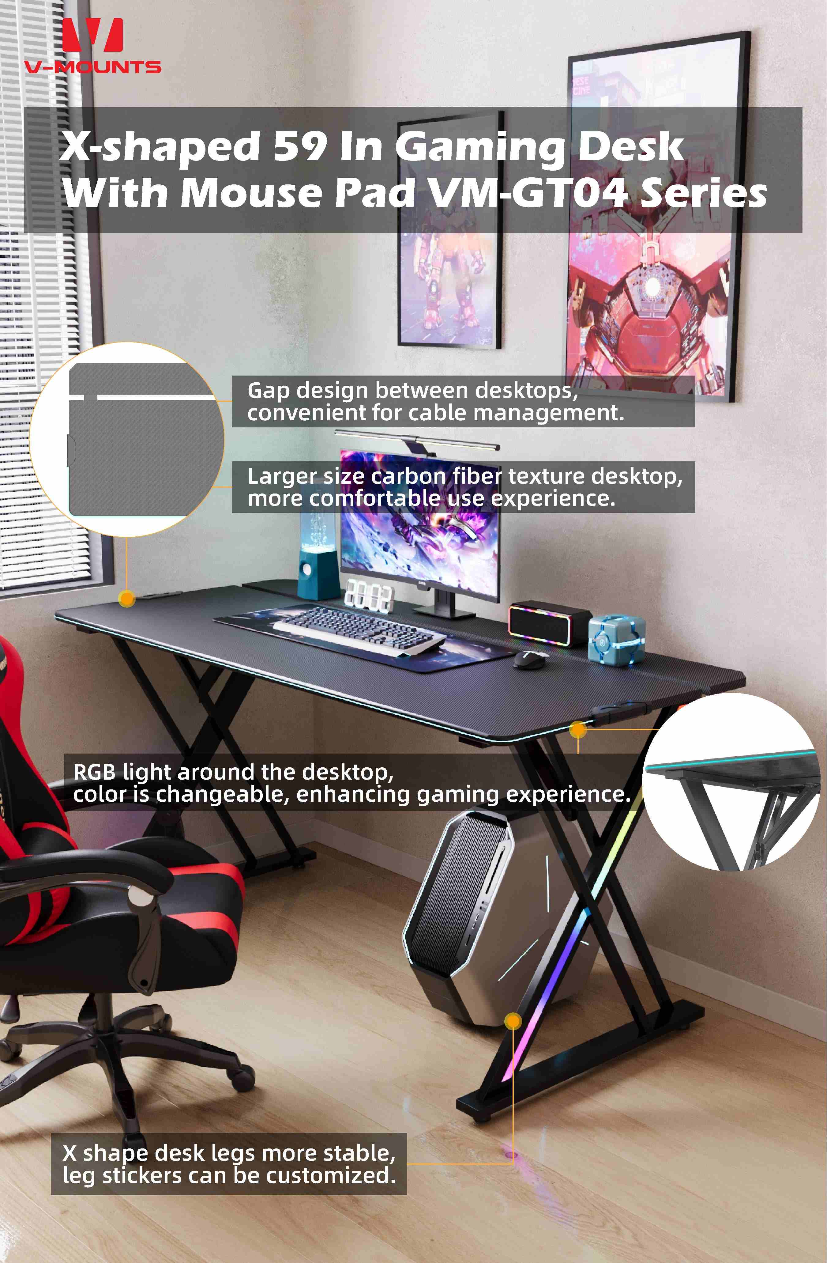 V-MOUNTS Fixed Height Gaming Desks GT04 series