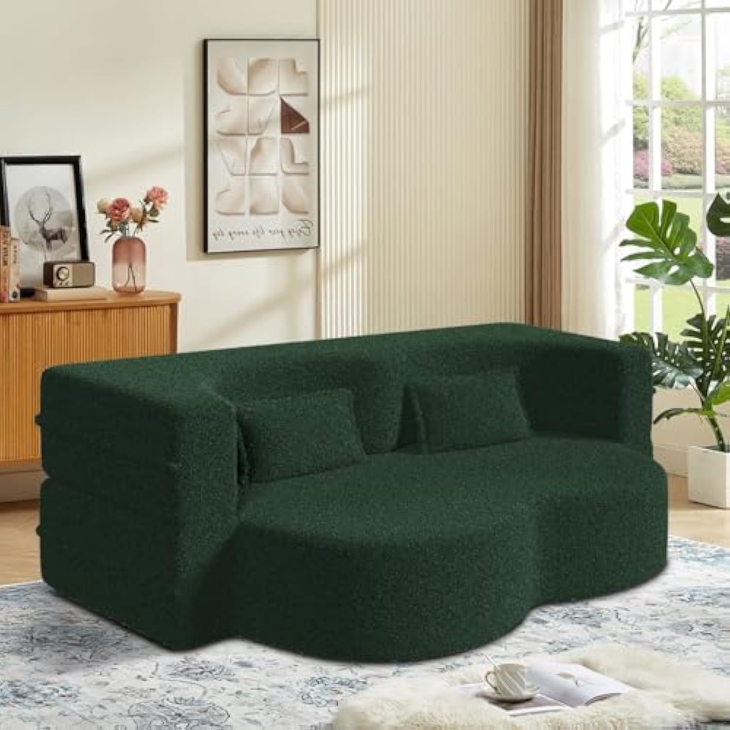 2-in-1 foldable sofa bed, Teddy wool lazy sofa bed, foam folding floor sofa bed, 78-inch full-size memory foam sofa, suitable for living rooms and guest rooms, no need to assemble a soft bed (green)