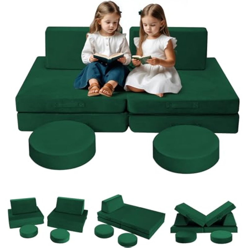 MeMoreCool 8-piece modular children's play sofa - Green convertible foam baby sofa suitable for playrooms, foldable baby sofa play set