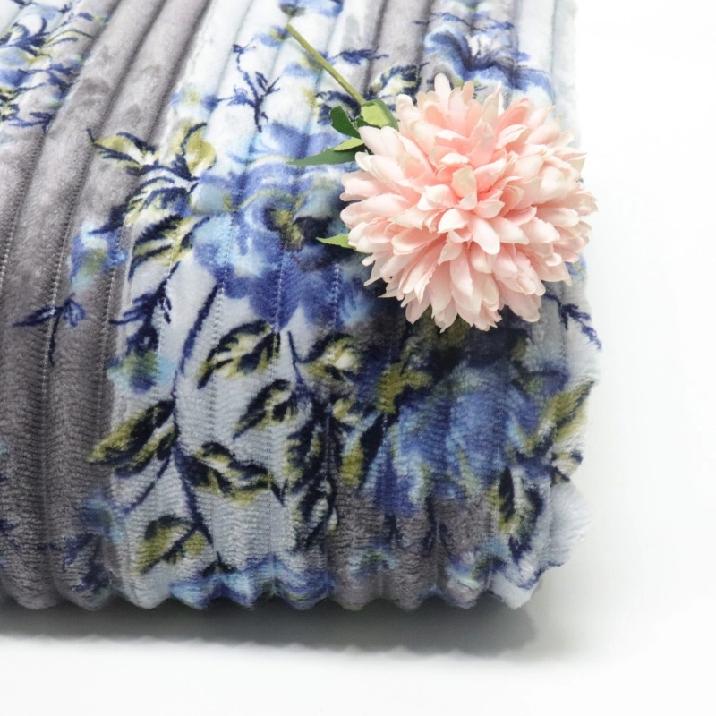 Flower Print Flannel Fleece With Stripes Jacquard