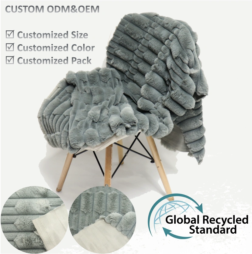  Faux Rabbit Fur Throw Blanket Fabric 3D Striped Imitation Jacquard Decorative Ultra Soft Cozy Warm Fluffy Lightweight for Bed Sofa Couch