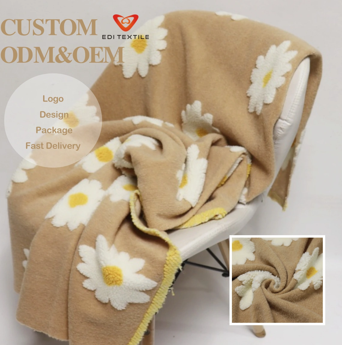 Soft Lamb Wool Jacquard 100% Polyester fabric with Delicate Daisy Pattern and Warm Yellow Tone for Cozy Home and Travel Use.