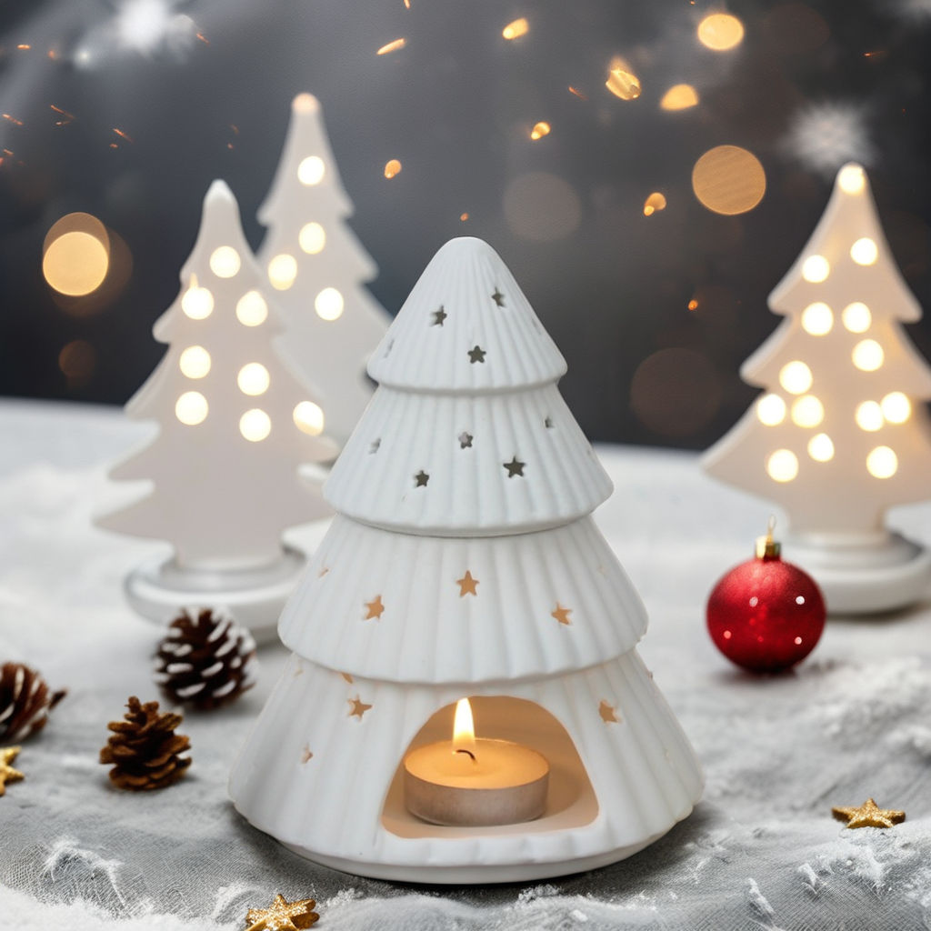 Noel Ağacı Seramik Tea Light Yanıcı Parfüm Lamba Wax Dökme Isıtaban Seramik Beyaz Seramik Noel Ağacı Yağ Yanıcı