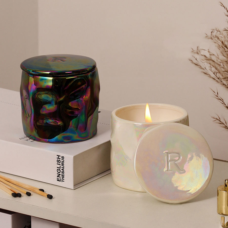 Luxury Nordic Modern Ceramic Candle Jar Creative Design Bulk Unique Pearl Glossy Candle Container with Lid
