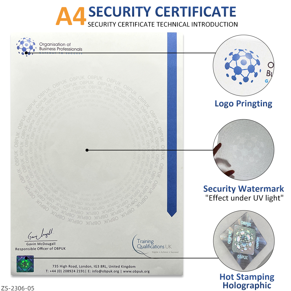 כמות מינימלית נמוכה גודל מותאם לביקוש נייר ריק עם סימן מים לתעודה מסמכים של תואר דרגה נייר להדפסת תעודה אבטחה נגד כפיה