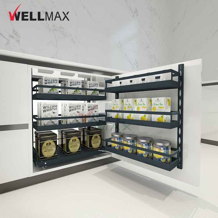 WELLMAX کورنر کیبائنٹ اسٹوریج کچن اکسسوریز باہر نکلنے والا جادوئی کورنر دروازہ باسکٹ اسٹوریج ریک