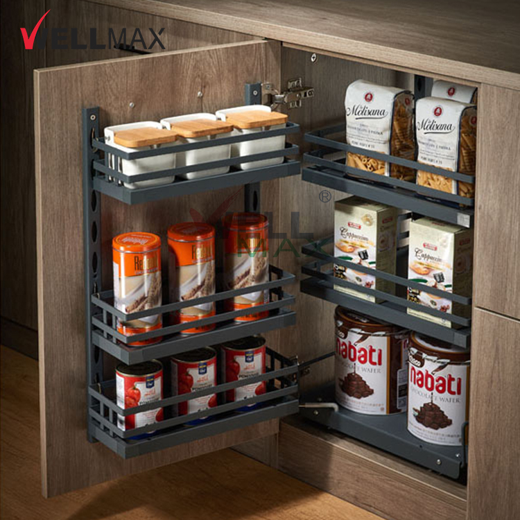 WELLMAX جادوئی کونے کے لئے کچن کیبوارڈ تنظیم کنندگان 3-لاہوں آئرن پول آؤٹ بلینڈ شلف ڈرافٹ باسکٹ