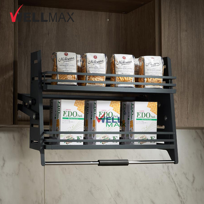 WELLMAX Dish Rack Cabinet Pull Down Kitchen Accessories Elevator Lifting Flat Wire Baskets Kitchen Organizer For Cabinet