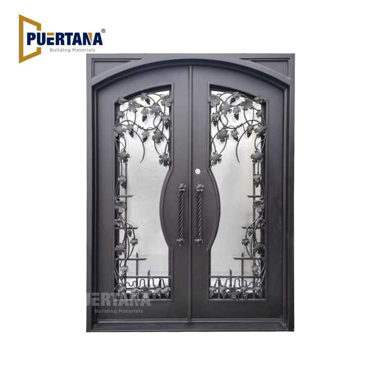 Custom Grapevine Pre Hung Double Front Entry Wrought Iron Door With Rain Glass