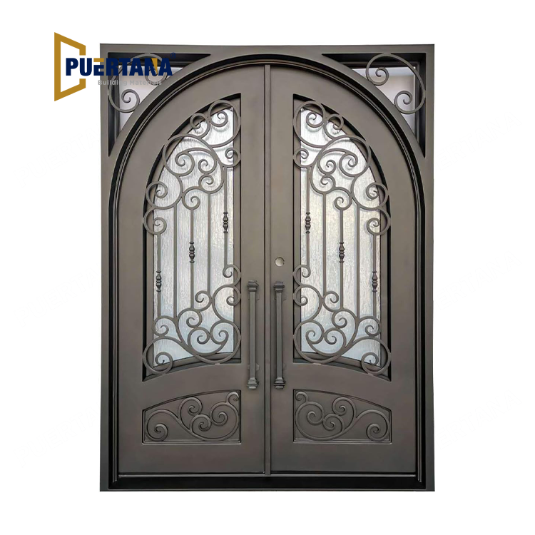 Conroe Exterior Pre-Hung Double Front Entry Door Wrought Iron with Operable Tempered Rain Glass Inside Swing Dark Bronze Finish