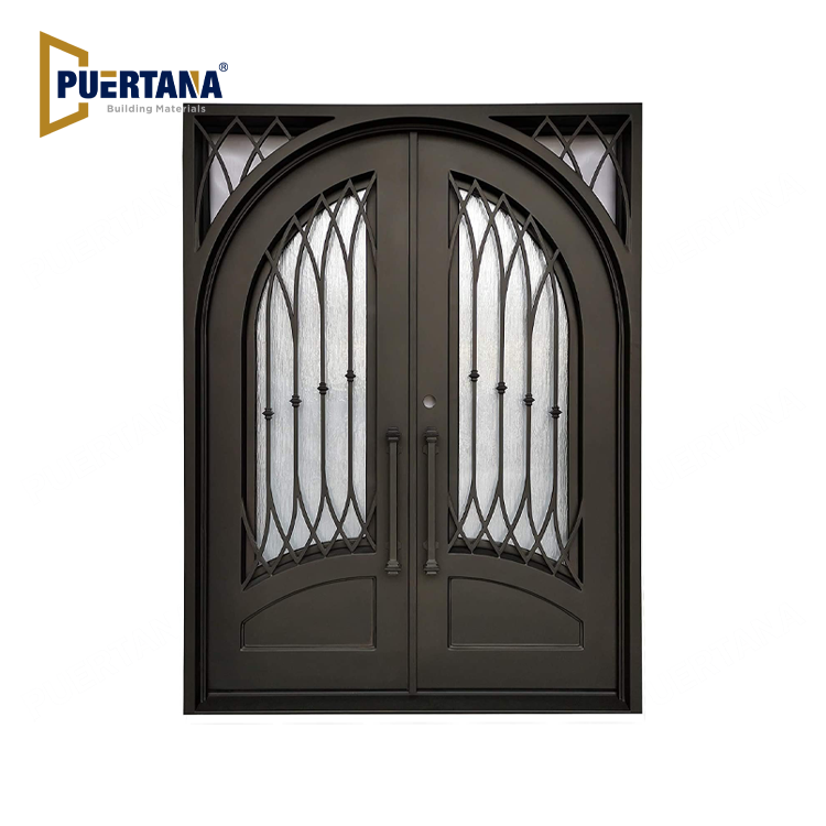 Austin Model Double Front Entry Iron Door With Tempered Rain Glass Dark Bronze Finish