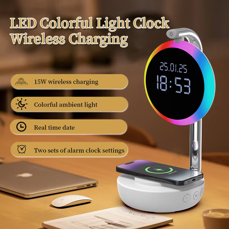 Multifunction Wireless Charger Table Lamp With Alarm Clock Colorful Stand Pad Rgb Led Light