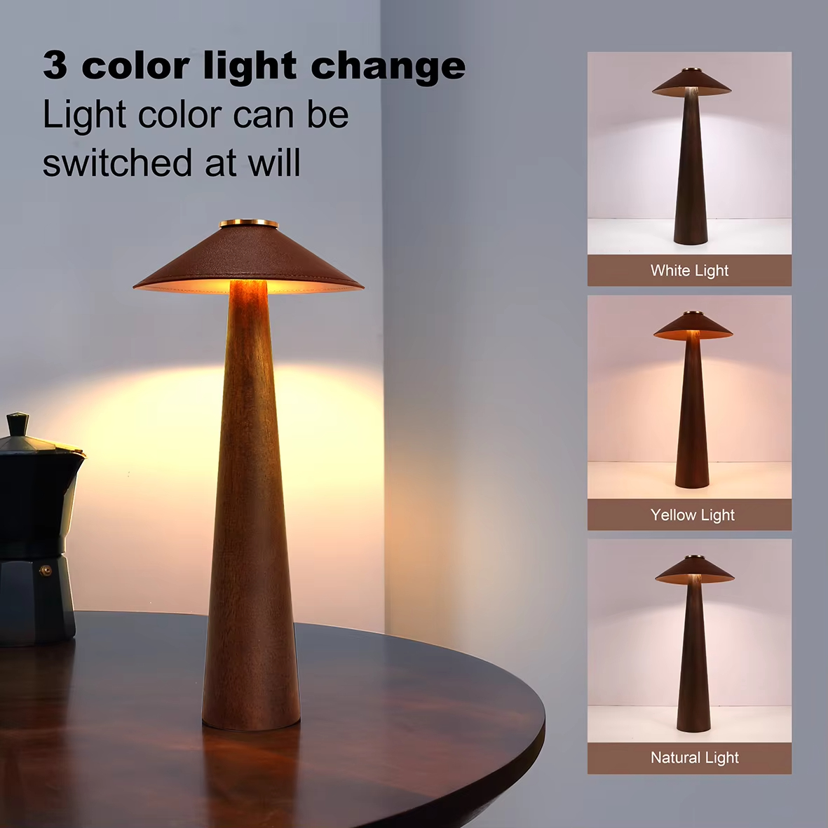 Mushroom LED Lamp - Minimalist Design, Fur Shade, Touch Control, Cordless, Wooden Base, Stepless Dimming for Comfort