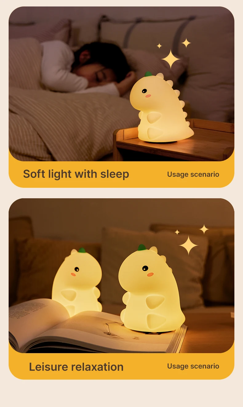 led night light dinosaur silicone night lamp usb rechargeable timing bedside table lamp room decor kids baby nightlight gift-9