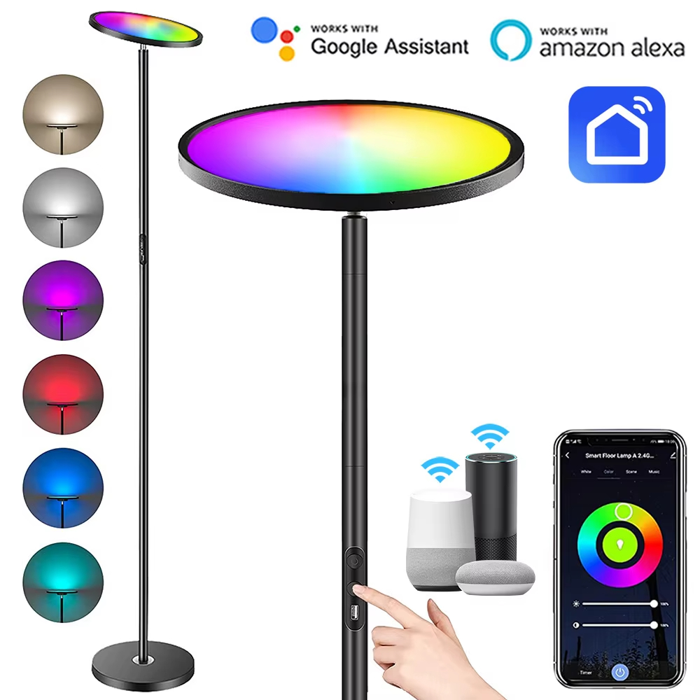 WiFi Smart RGB Floor Lamp 25W Ultra Bright 2000LM Dimmable Tall Standing Pole Lights Music Sync Torchiere Sky LED Lamps Decor