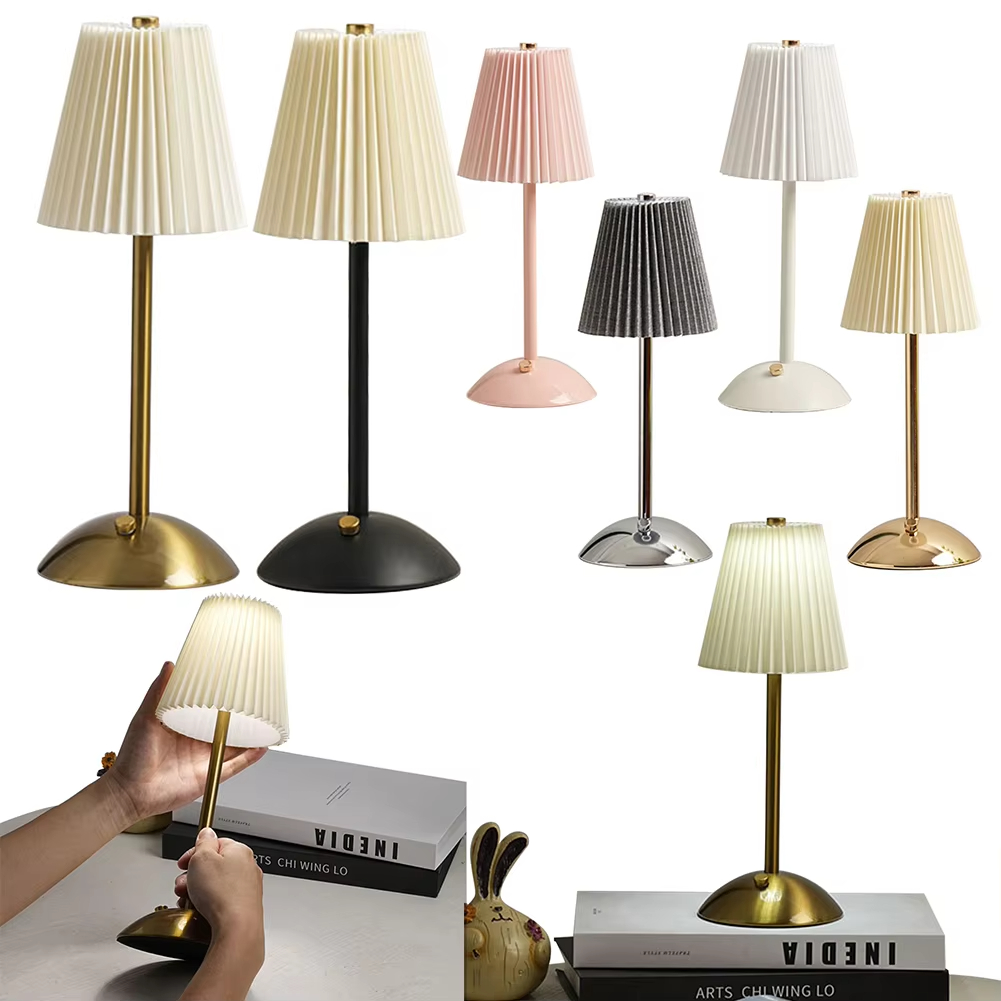 Nordic Bedside Night Light USB Charging Desk Reading Light with Metal Base Pleated Nightstand Lamp for Bedroom Living Room Decor