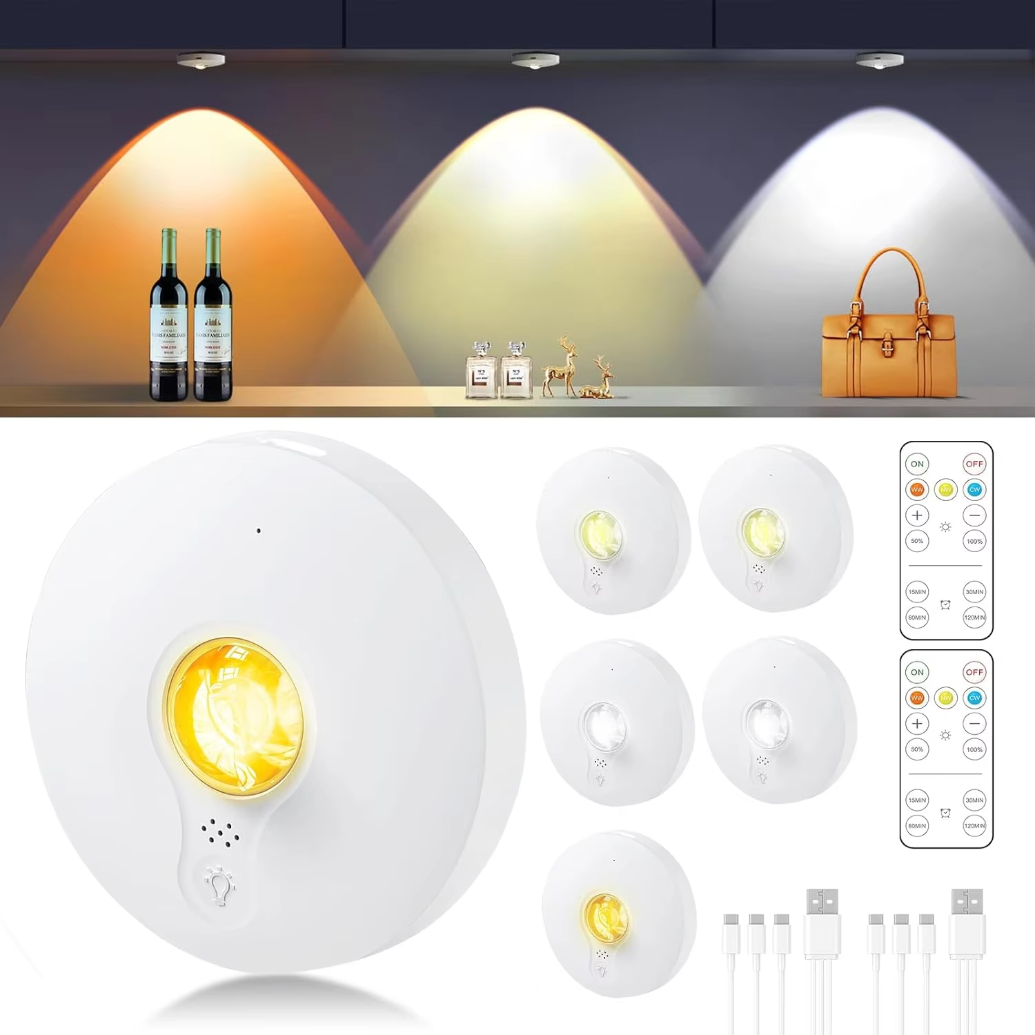Rechargeable Puck Lights With Remote Control,Under Cabinet Lighting Wireless,2000Mah Battery Operated Tap Lights,Dimmable