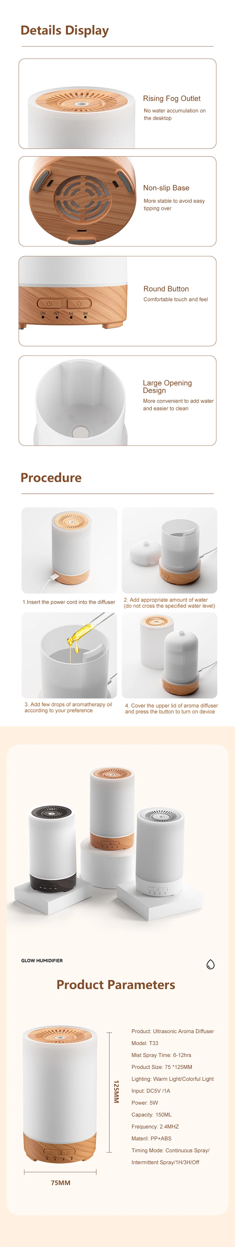 150ml remote control usb power supply ultrasonic silence atomizing air humidifier timeable settings essential oil aroma diffuser-4