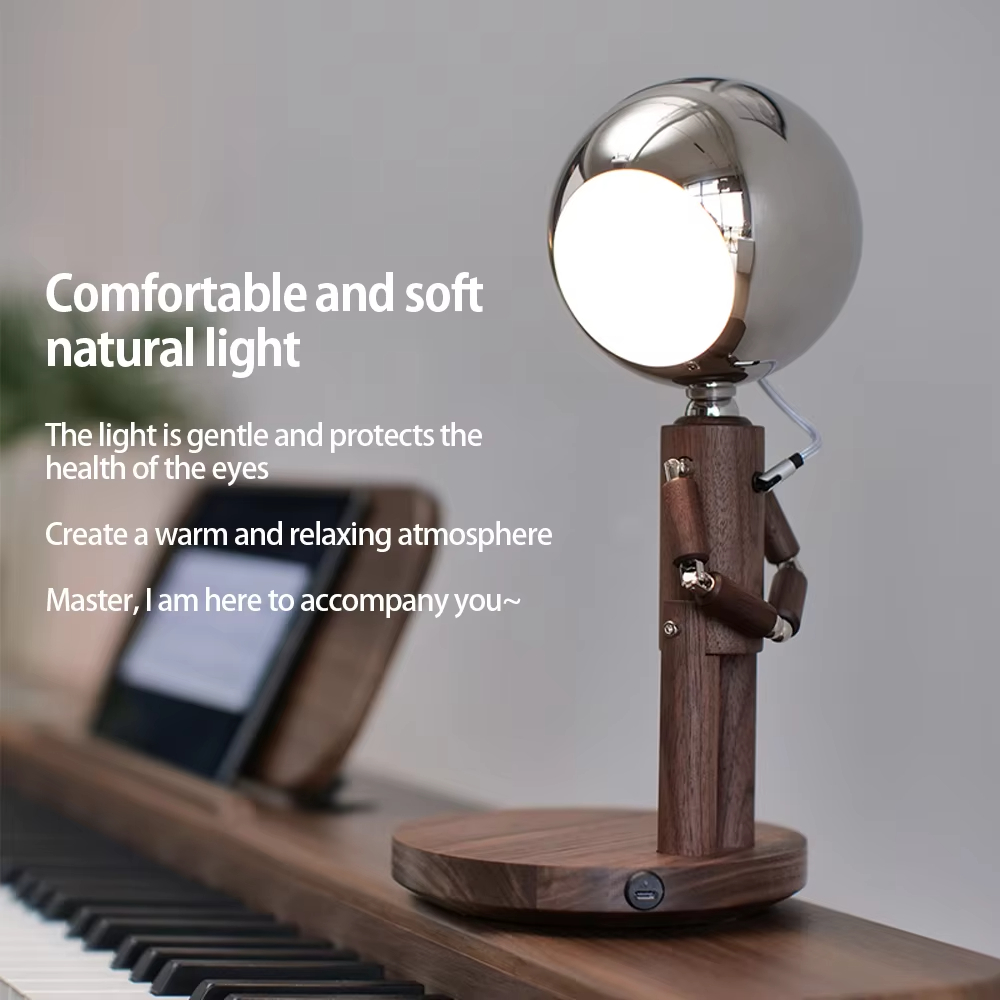 Robot Table Lamp Black Walnut Pine Wood Lunar Astronaut 