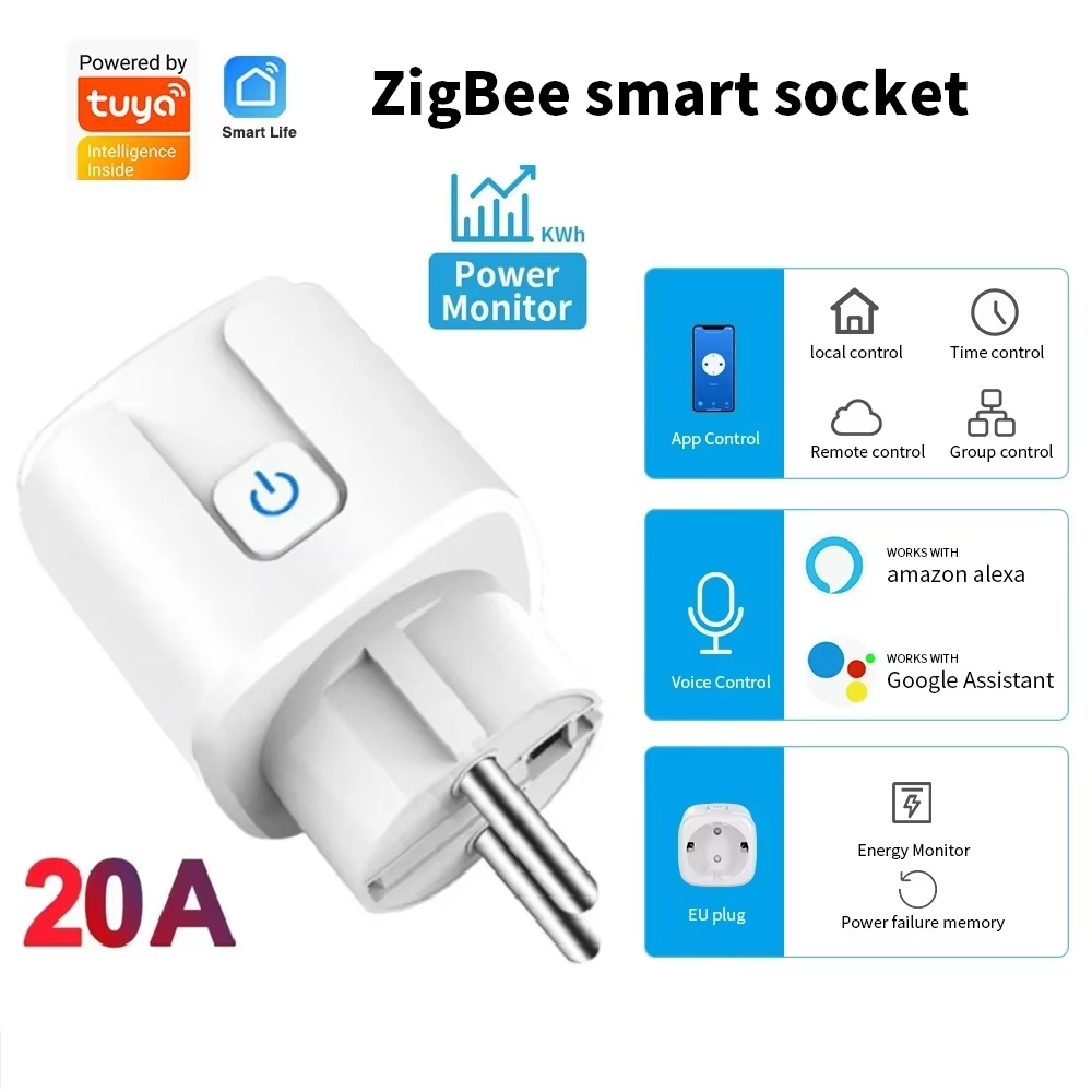 Tuya Smart Plug Zigbee EU 20A Smart Socket With Power Monitor Timing Voice Control Works With Alexa Google Home Alice