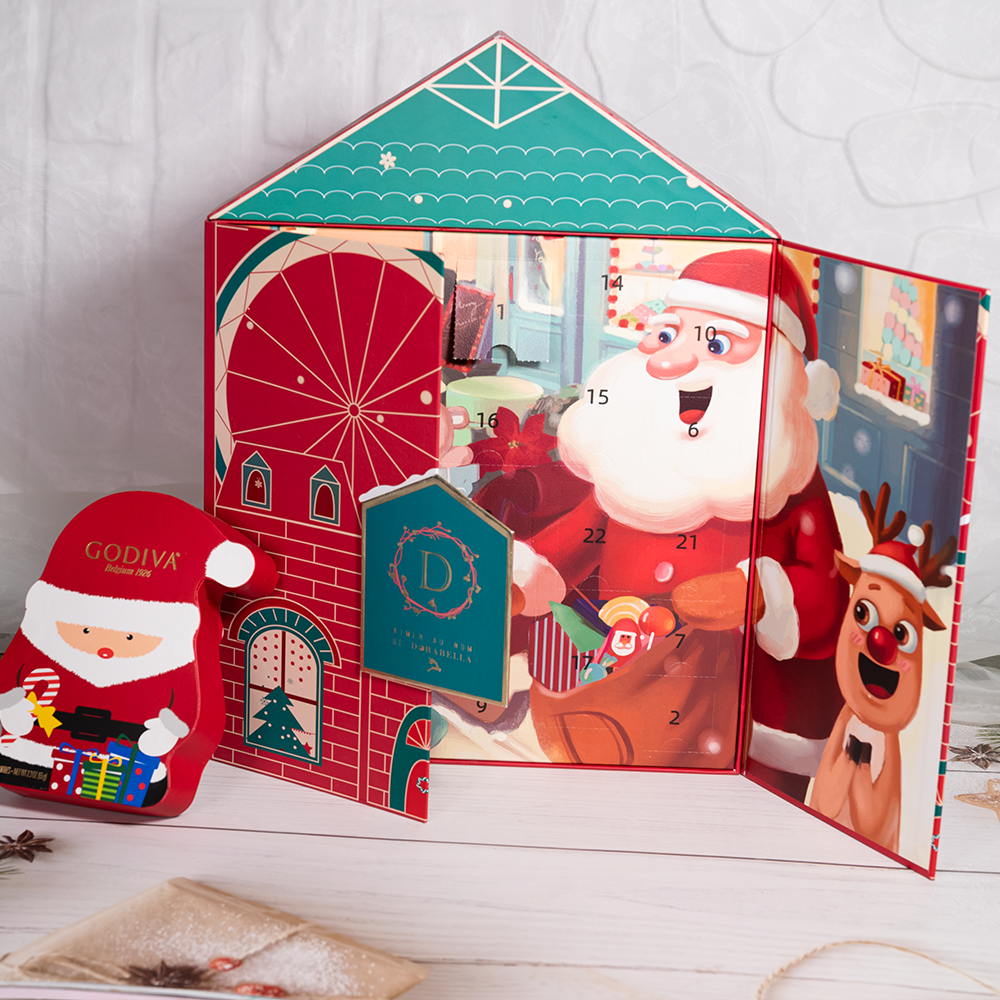 High End Rigid Paper Matt Lamination Spot UV Embossing Double Door Santa Claus Calendar Blind Box Christmas Day Gift Box