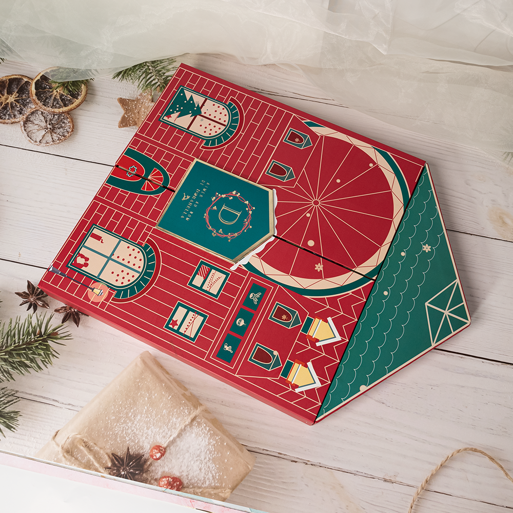 High End Rigid Paper Matt Lamination Spot UV Embossing Double Door Santa Claus Calendar Blind Box Christmas Day Gift Box