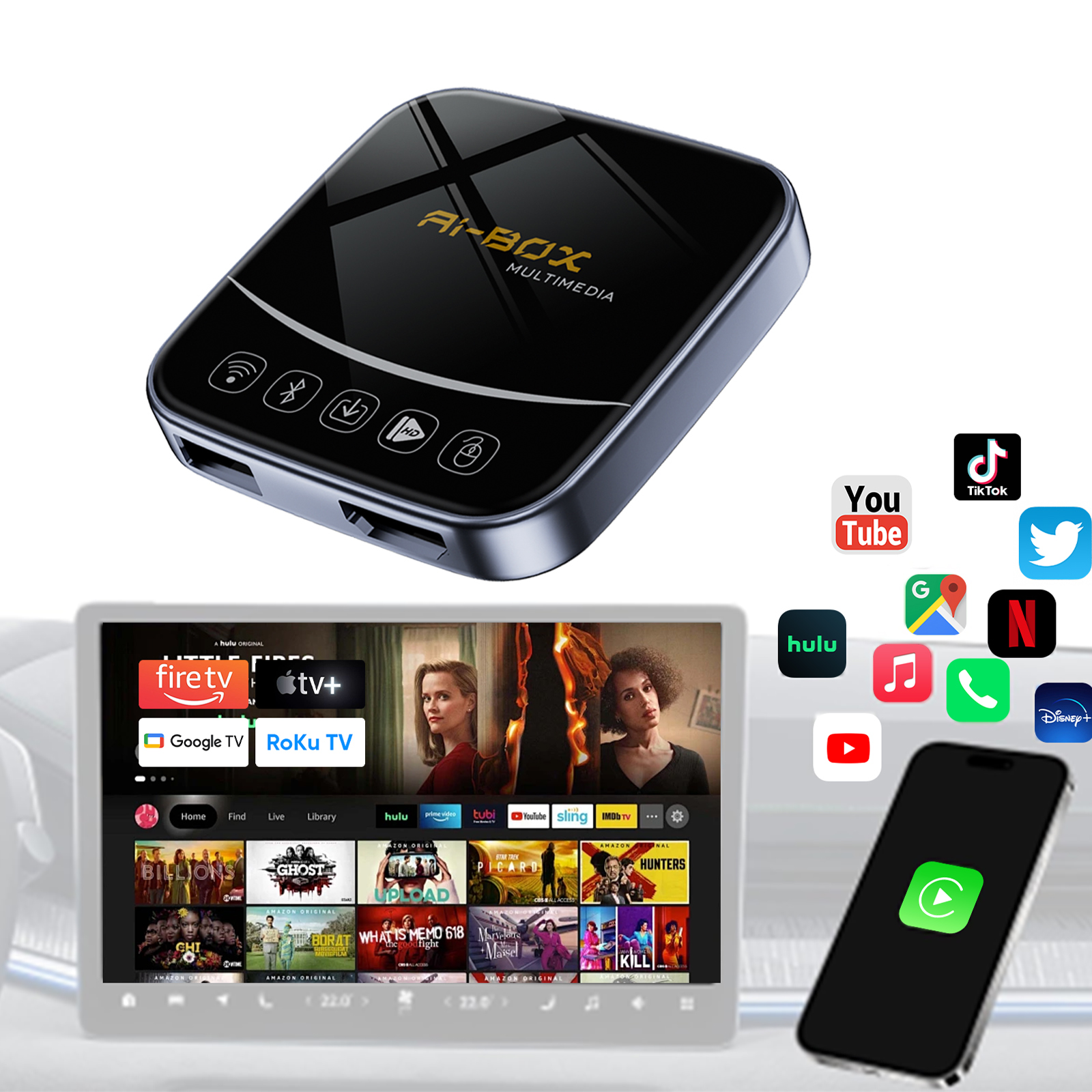Cutie CarPlay AI wireless Fuallwin cu comandă vocală inteligentă – video 4K și Android Auto