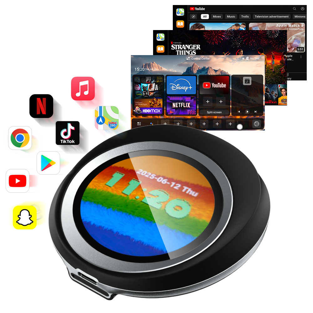 cutie CarPlay Android 13 cu 8+128 GB și touchpad de 2,1 inch – Adapter wireless Fuallwin CarPlay AI pentru YouTube, Netflix și GPS