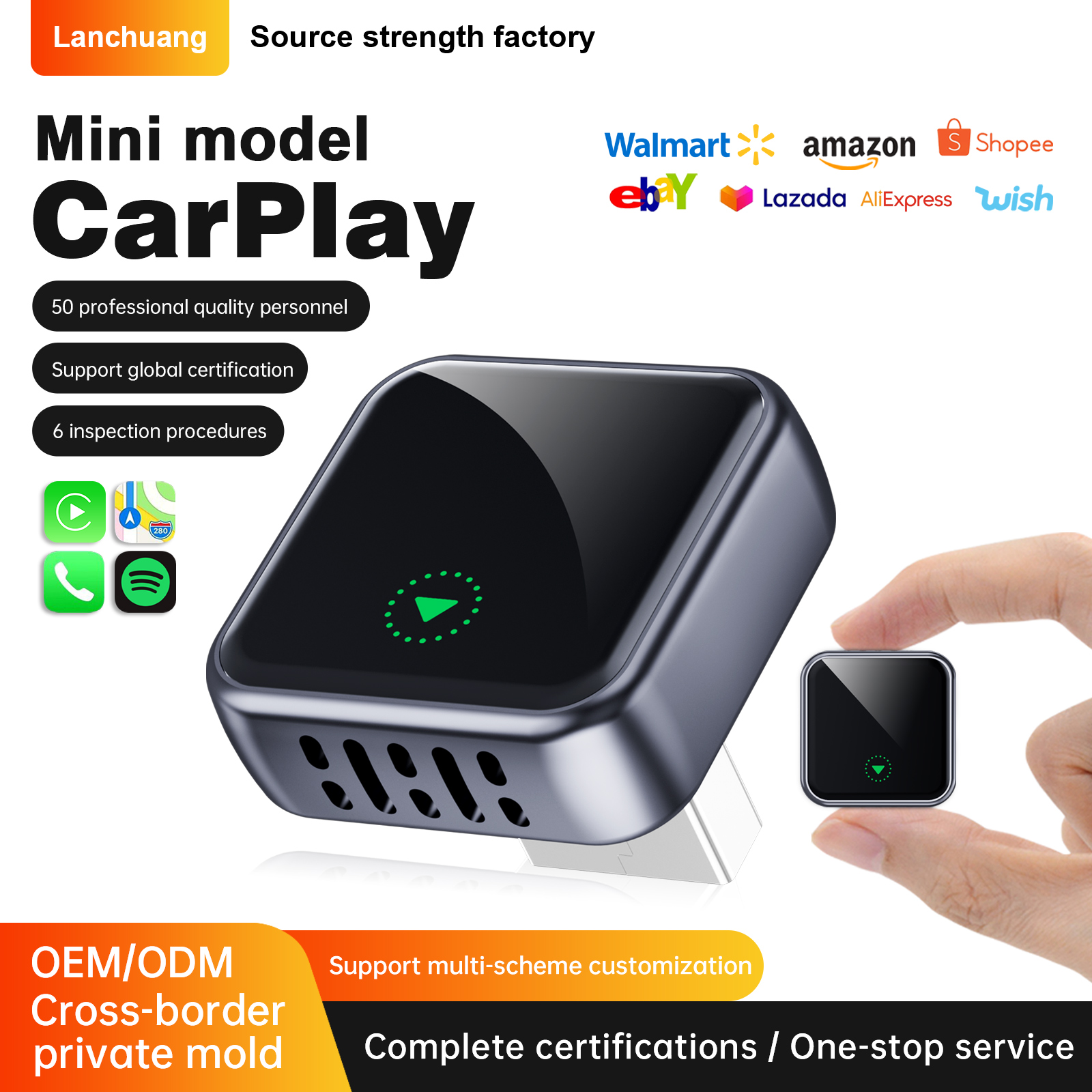 Adaptor wireless Fuallwin 2 în 1 CarPlay cu design mini și conexiune stabilă, care suportă WiFi pe două benzi pentru navigație auto