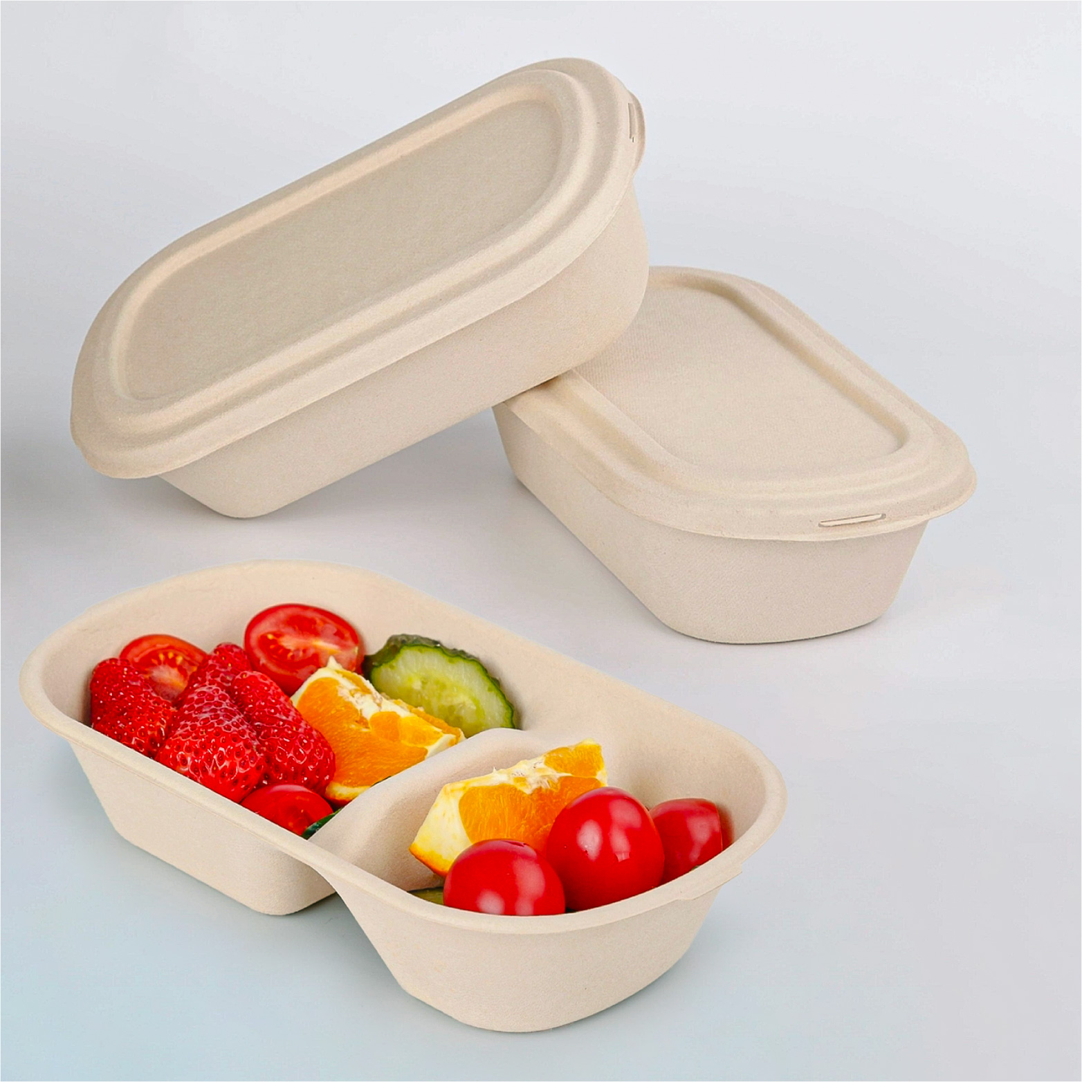 Disposable bagasse salad box takeaway food container with upper and lower lids