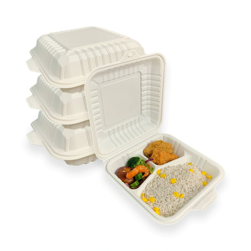 8 inch 3 Compartments Biodegradable Corn Starch Clamshell Takeaway Food Box