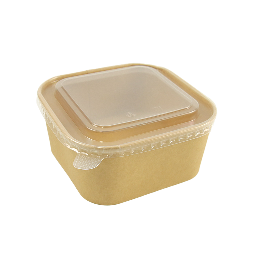 1400ml Kraft Paper Square Bowl With PP Transparent Lid