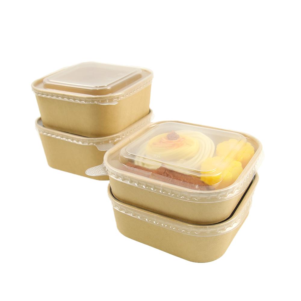 Kraft paper square bowl with PP transparent lid
