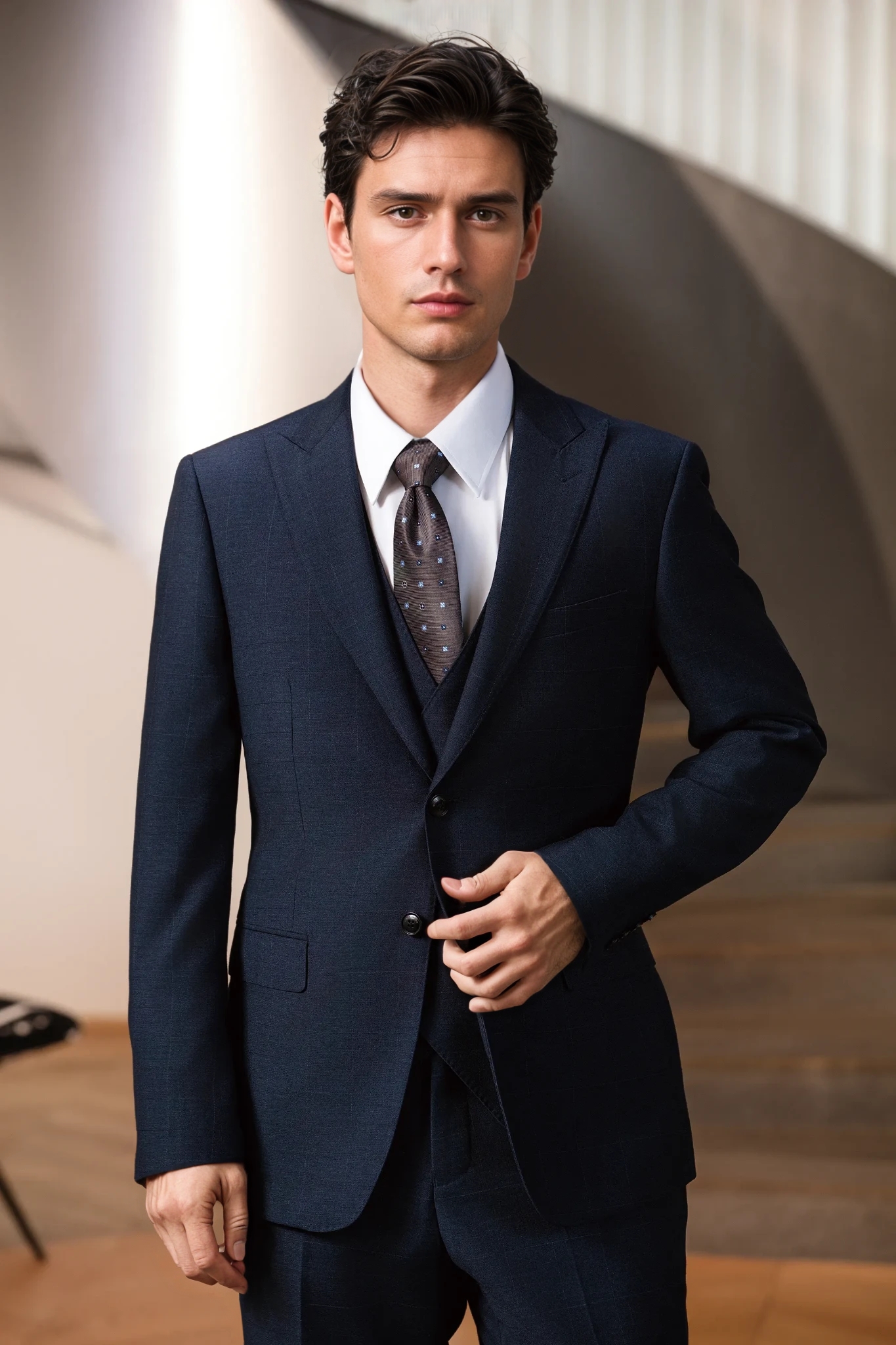 الجاذبية في بدلة الرمادي الأزرق.