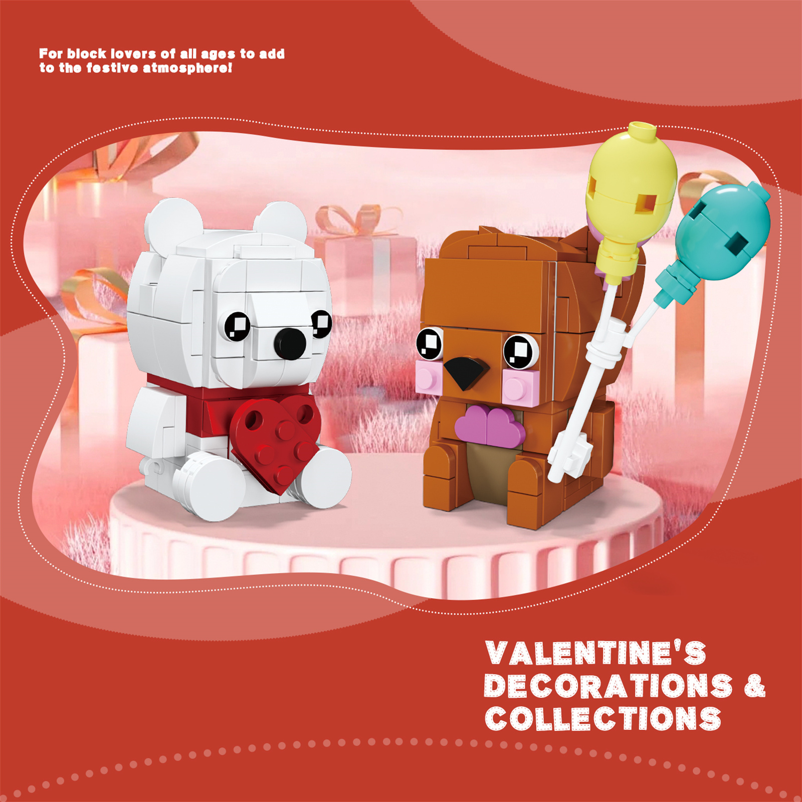 Valentine's Brown and White Bear Toys, Love Heart Ornament Frame Building Blocks Set, Valentine's Day Gift Bricks Toy School Classroom Gift Exchange for Kids