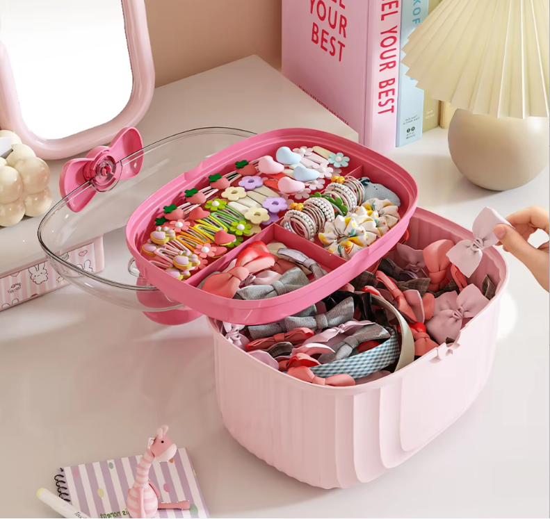 Handle Bow Tie Design Cartoon Kids & Teen Storage Hair Accessories With Lid Dust-Proof Waterproof