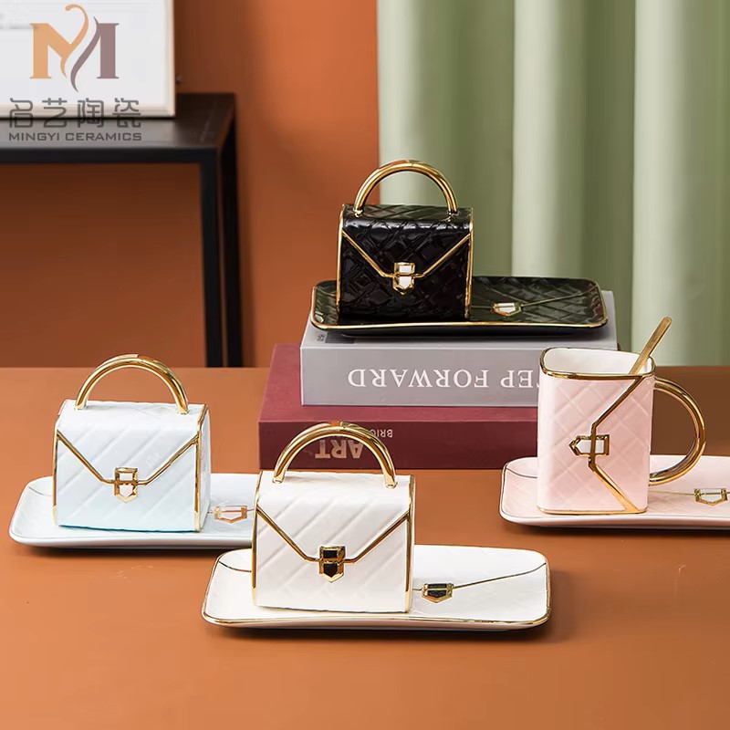 Elegant Gold Rim Porcelain Coffee Cup and Saucer Set Gift Porcelain Tea Milk Travel Cup set with Handbag Shaped.jpg