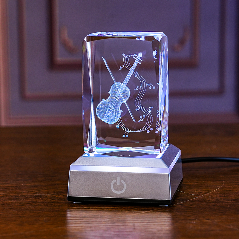 Crystal square body carved violin with luminous lamp holder looks good and practical, giving gifts for birthdays, living room decorations, office decorations, available for wholesale or customization