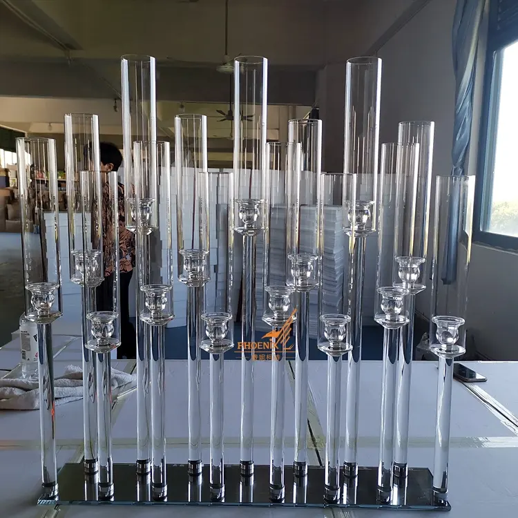 SmallBridge Crystal Wholesale 15 Arms Long Stemmed Modern Cheap Glass Tube Chimney Crystal Candle Holders Wedding Table