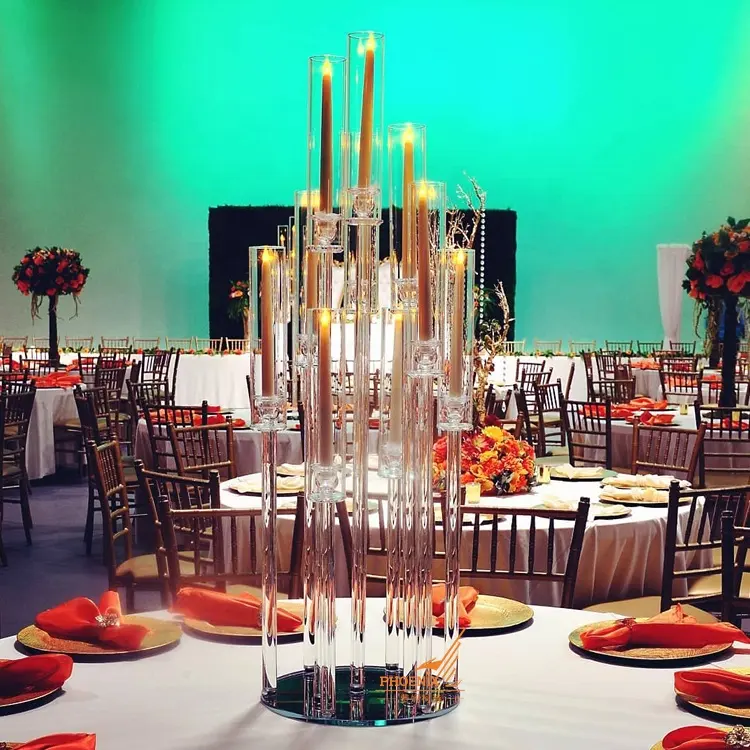 Smallbridge Crystal Wholesale 10 Arms Long Stemmed Modern Cheap Glass Tube Chimney Crystal Candle Holders Wedding Table Centerpieces Candelabra