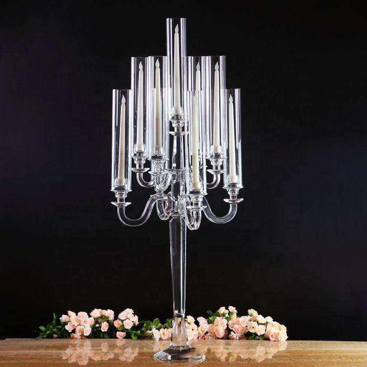 SmallBridge 9 Arms Tall Table Top Crystal Glass Tube Candelabra Wedding Party Decoration Centerpieces