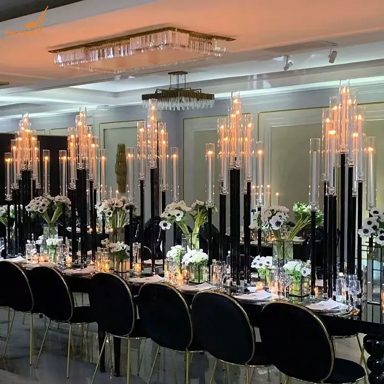 Smallbridge Crystal New Trend Black Tall Long-stemmed Glass Table Candlestick Wedding Centerpiece Crystal Tube Candelabra for Sale