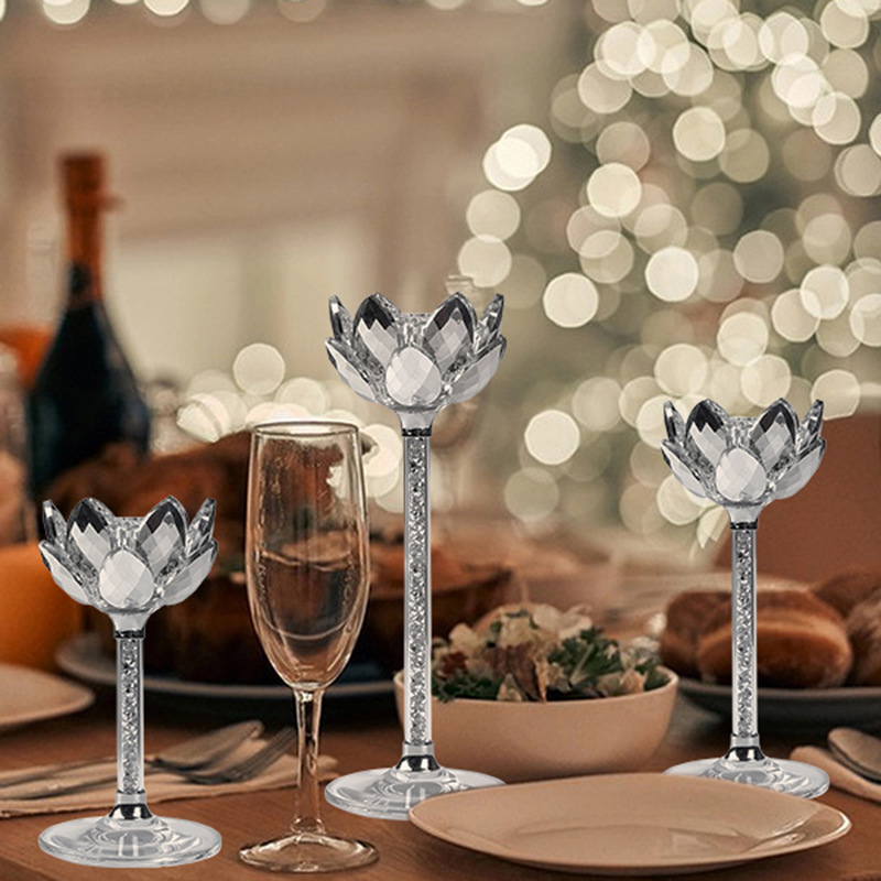 SmallBridge Lotus Crystal Candlestick Ornament Set of Three, Suitable for Multiple Occasions, Wedding Hotels, Multiple Styles, Simple and Elegant