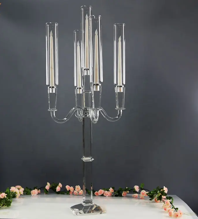 Small Bridge Crystal Luxury Tall Crystal Glass Candelabra 5 Arms Wedding Centerpieces for Table Decoration