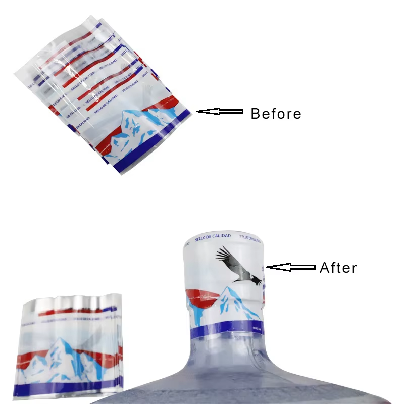 Skräddarsydda PVC-tryckta krympetiketter till flaskor för 5 gallons flaska, vattentäta etiketter för 5 gallons vattenflaska med förseglingsetiketter