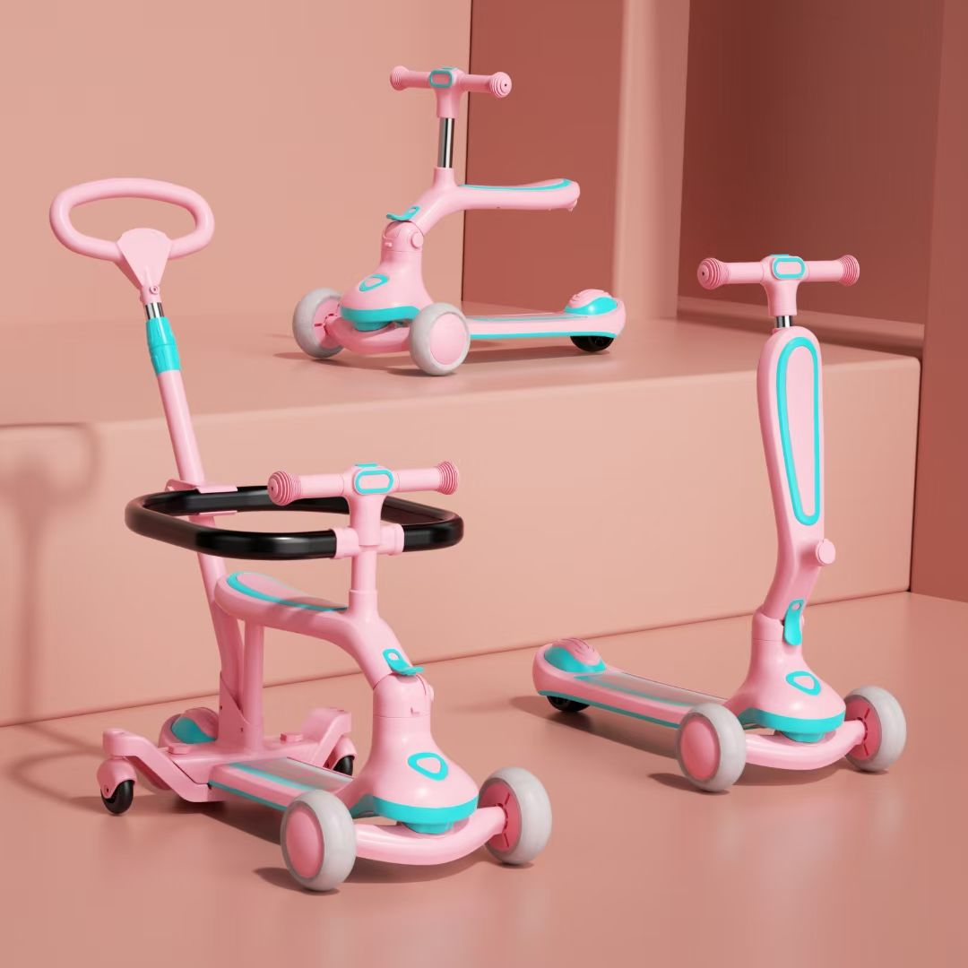 Xe trượt scooter 3 trong 1 bán buôn cho trẻ em có thanh đẩy, xe trượt đạp chân giá rẻ, thiết kế ba bánh phổ biến có ghế ngồi