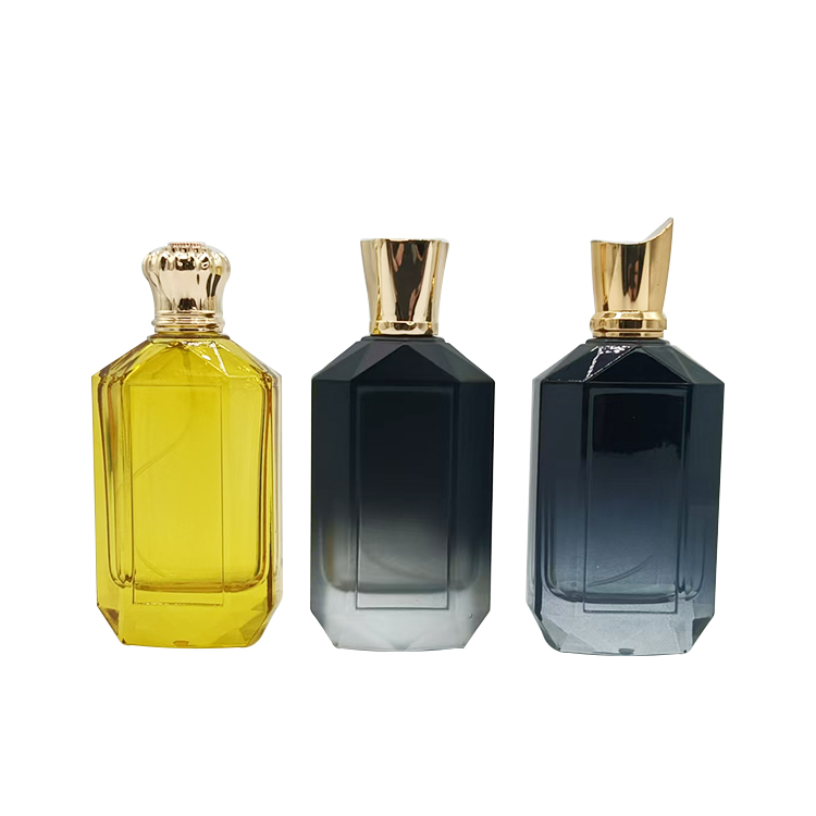 Botoig de vidre de perfum de 100ml de lux amb format d'atzar llarg, buit i tapa d'aliança de zinxer