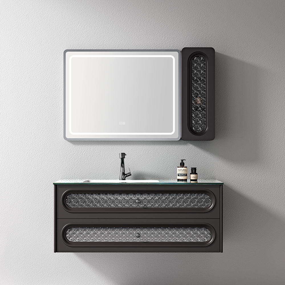 Cena fabryczna dwuzbiornikowej szafki w łazce na ścianę, stojącej na podłodze, pomalowanej na brązowy kolor z lustrzanym stolikiem toaletowym