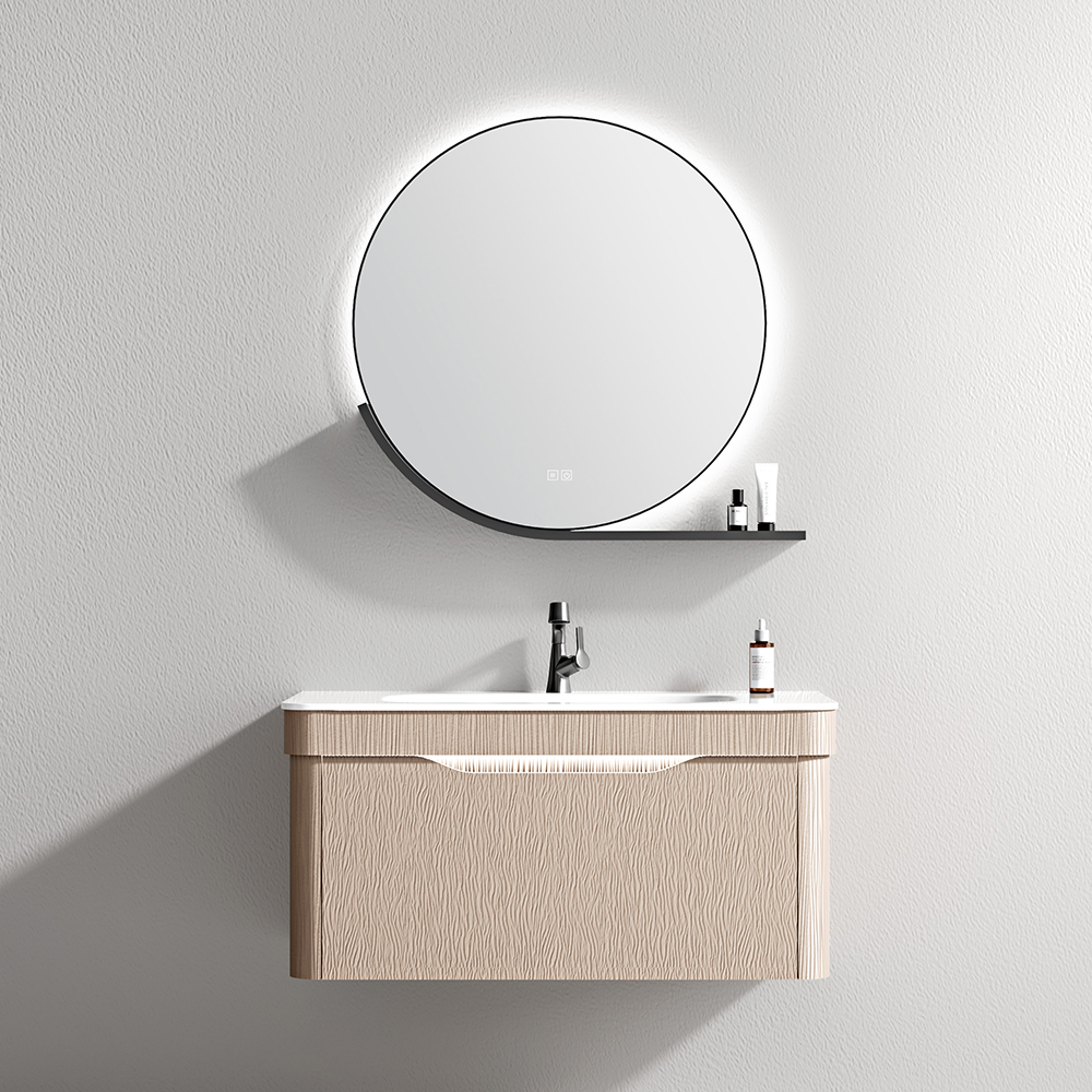 تصميم عصري لخزانة حائط حمام بمغسلتين مطلية باللون البني مع مرآة لمكان الحمام